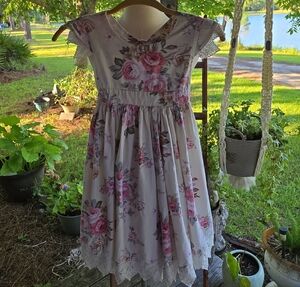 Think Pink Girls Shabby Chic Cream Cotton Floral Print Dress Size 8